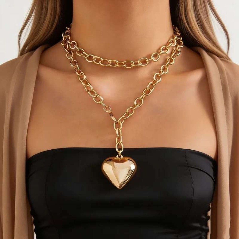 Gold Tone Heart Pendant Layered Chain Necklace Chunky Lariat Statement Grunge